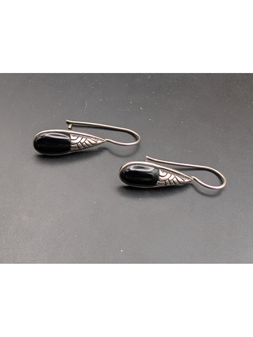 Vintage Sterling Silver Black Onyx Kidney Wire Drop Modernist Earrings 925 A